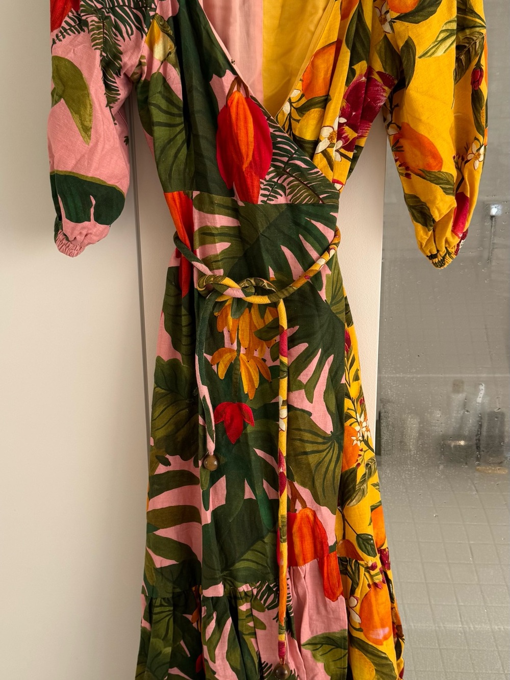 Floral Wrap Midi Dress in Pink and Yellow Size S